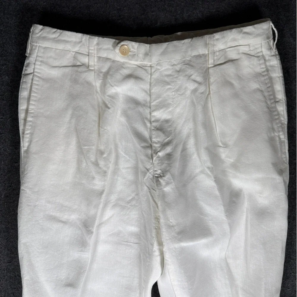 Battistoni Mens White 100% Pure Linen Pleated Trousers Made in Italy Size 32